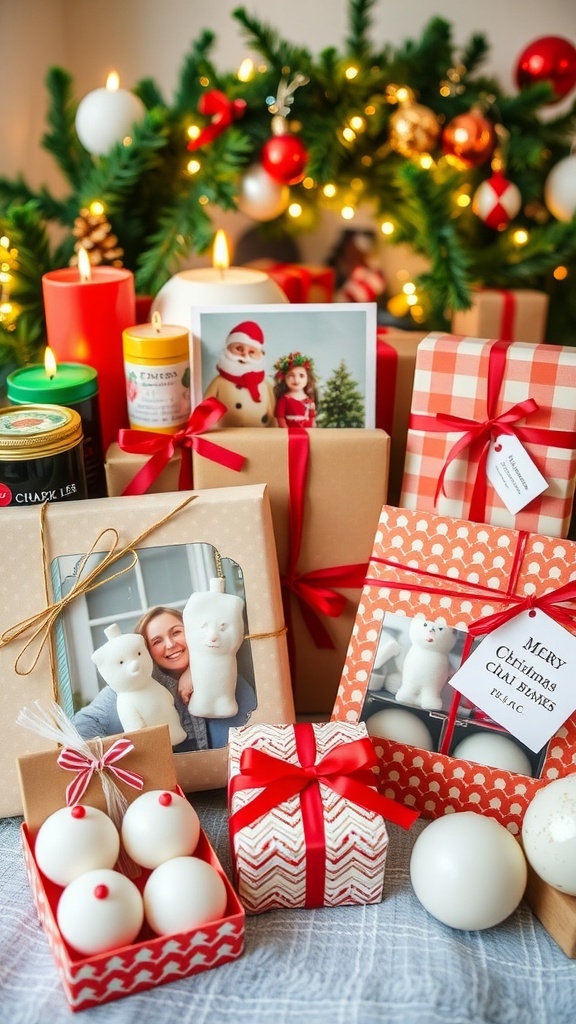 A collection of homemade Christmas gifts including candles, photo albums, cookies, ornaments, and bath bombs on a festive table.